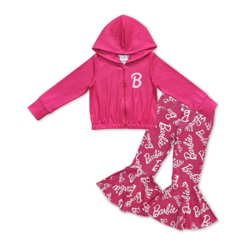 Personalized Wear GLP01003 Denim  B Pink Cartoon 2pcs Girls Long Sleeve Hoodies Outfits