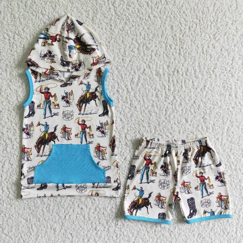 Comfortable And Versatile BSSO0061 Blue Rodeo Horses Cowboy Pocket Hoodies Boys Short Sleeve Shorts Outfits Comfortable And Versatile BSSO0061 Blue Rodeo Horses Cowboy Pocket Hoodies Boys Short Sleeve Shorts Outfits
