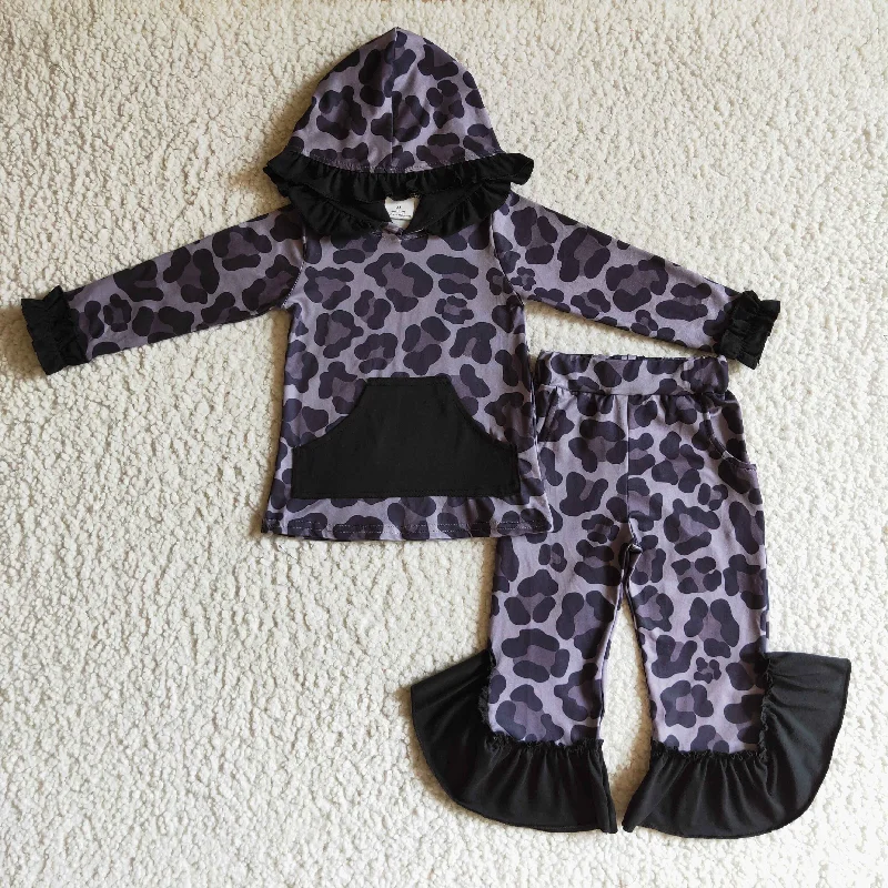 Classic Style GLP0255 Black Leopard Pockets Ruffles Girls Long Sleeve Hoodies Outfits Classic Style GLP0255 Black Leopard Pockets Ruffles Girls Long Sleeve Hoodies Outfits