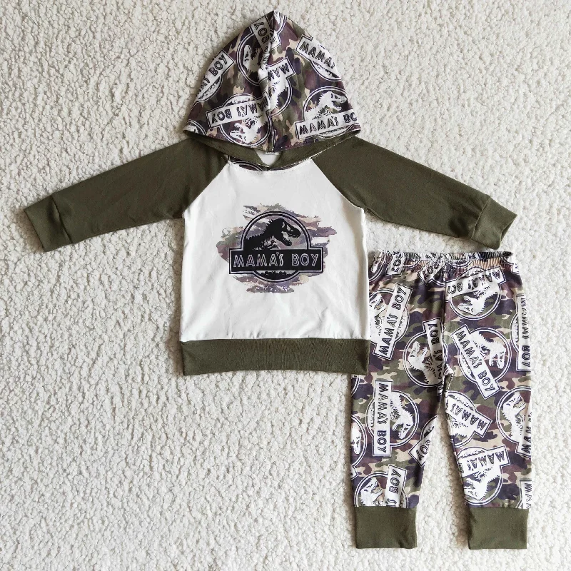 Unique Design BLP0078 Green Camo Dinosaur Cartoon Mama Boys Long Sleeve Hoodies Outfits