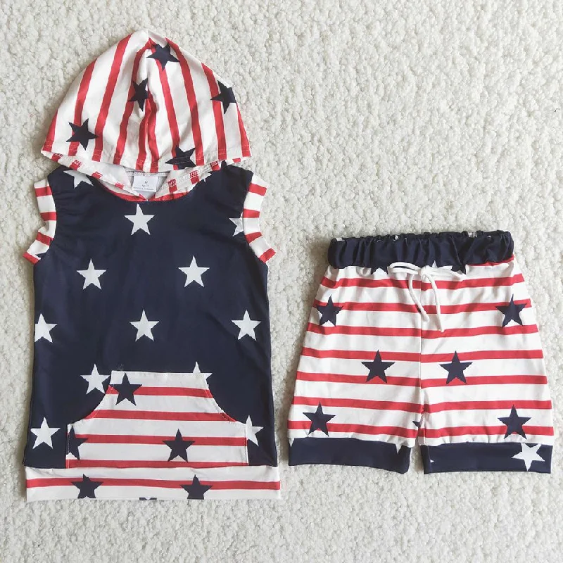 Feminine Charm C14-23 4th Of July Red Stripes Blue Starts Pockets Hoodies Boys Sleeveless Shorts Outfits Feminine Charm C14-23 4th Of July Red Stripes Blue Starts Pockets Hoodies Boys Sleeveless Shorts Outfits