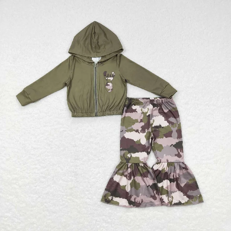 Cute Design GT0335  P0310 Green Deer Camo  2pcs Girls Long Sleeve Hoodies Outfits