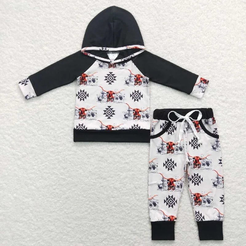 Casual Street BLP0363 Black Highland Cow  Boys Long Sleeve Hoodies Outfits