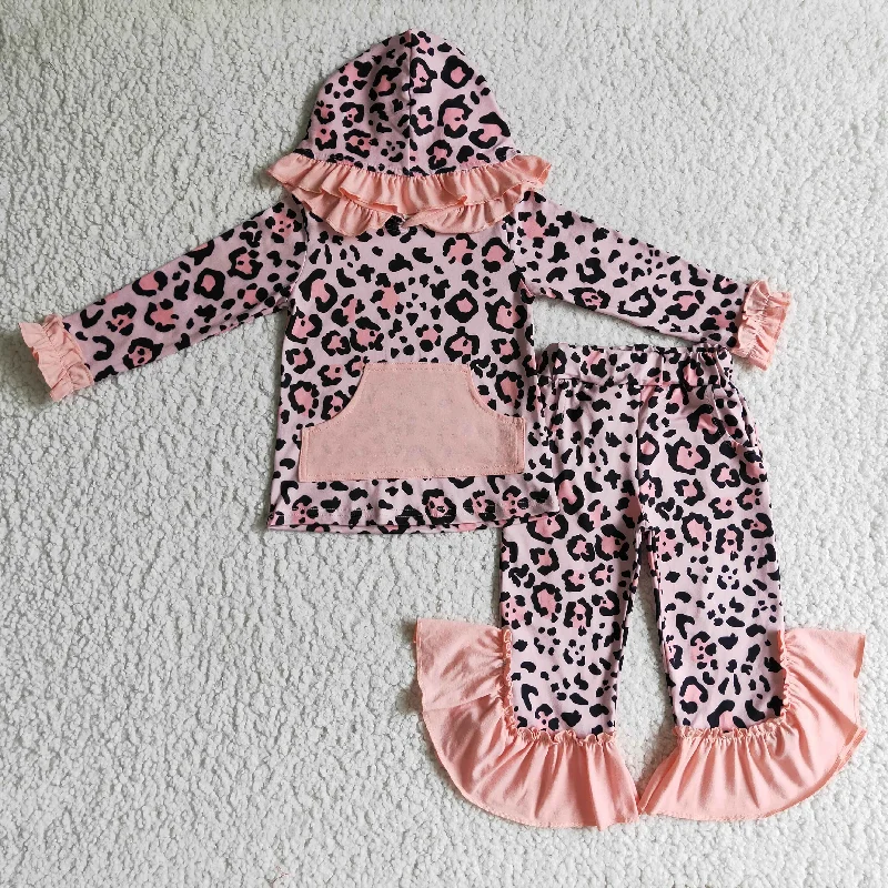 Cool Summer GLP0254 Pink Leopard Pockets Ruffles Girls Long Sleeve Hoodies Outfits