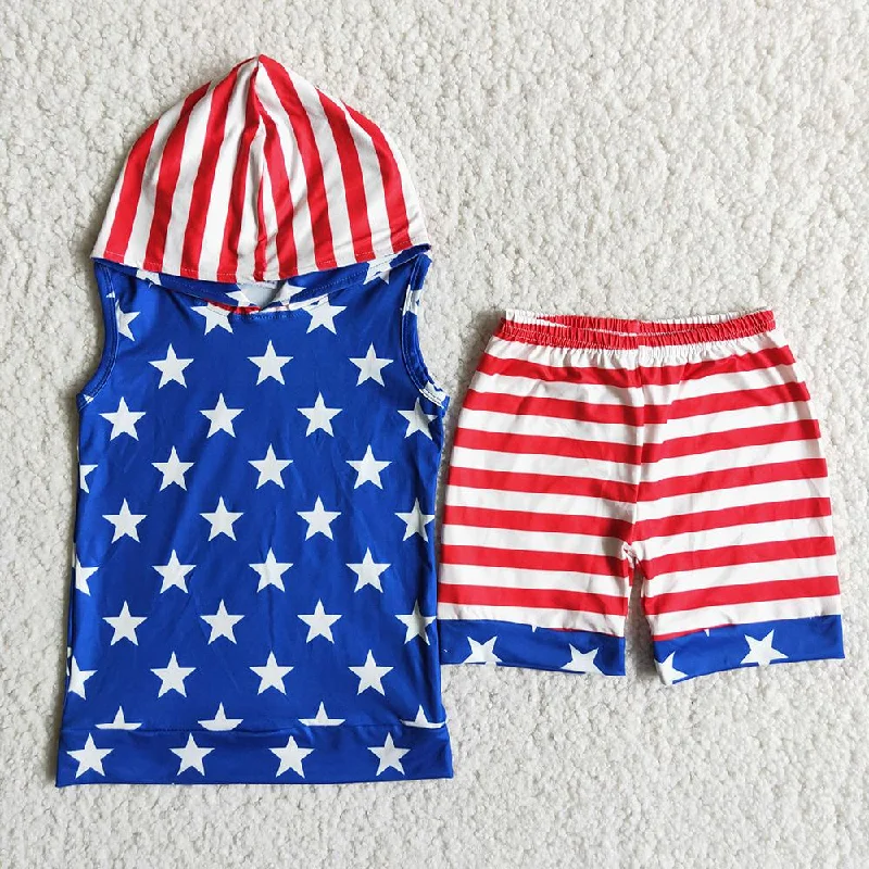 Casual And Comfortable D13-30 4th Of July Red Stripes Blue Starts Pockets Hoodies Boys Sleeveless Shorts Outfits Casual And Comfortable D13-30 4th Of July Red Stripes Blue Starts Pockets Hoodies Boys Sleeveless Shorts Outfits
