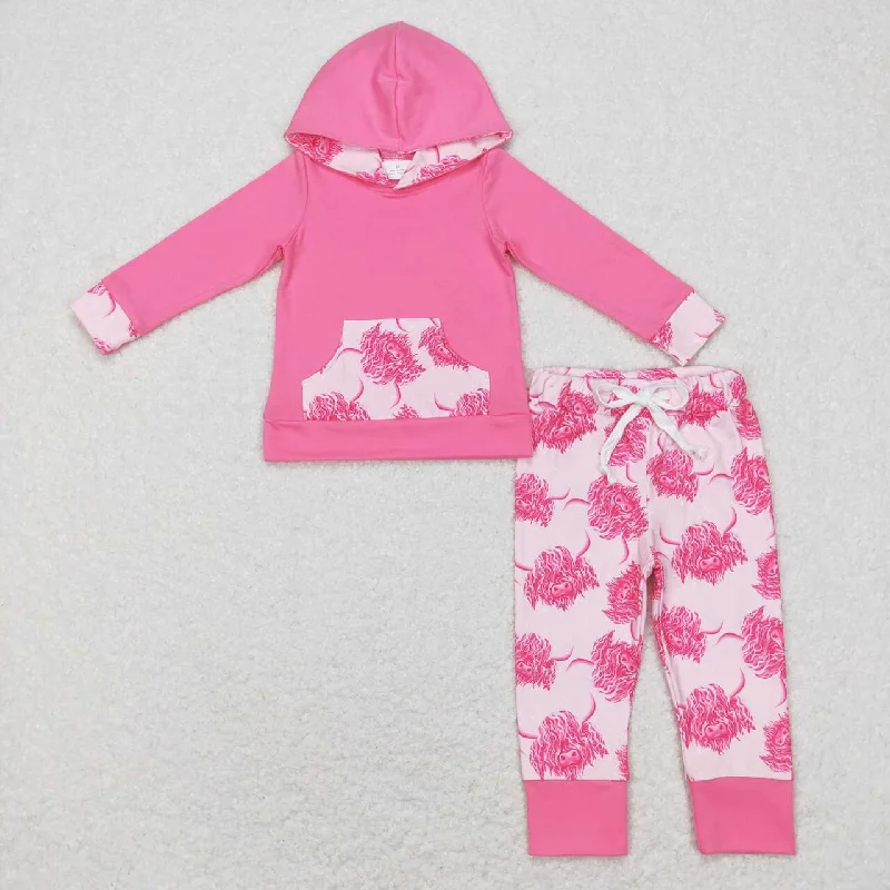 Age-reducing Style GLP0906  Pink Floral highland cow Boys Long Sleeve Hoodies Outfits