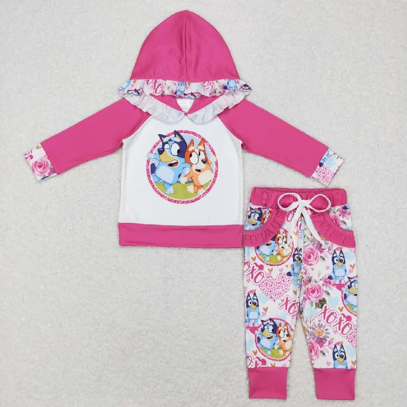 Personalized Design GLP0985 Pink blue Dog cartoon  Girls Long Sleeve Hoodies Outfits