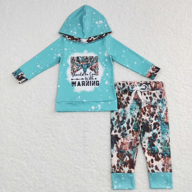 Classic Color BLP0354  Blue Western Cow Warning  Boys Long Sleeve Hoodies Outfits