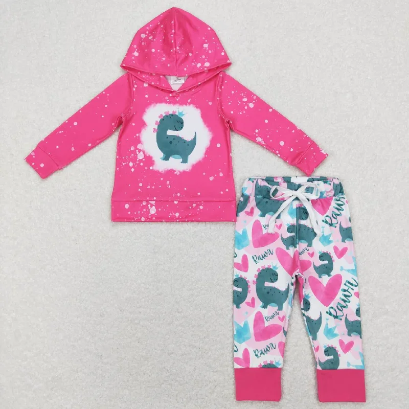 Trendy And Casual GLP1107 Valentine Pink Dinosaur Love  Girls Long Sleeve Hoodies Outfits