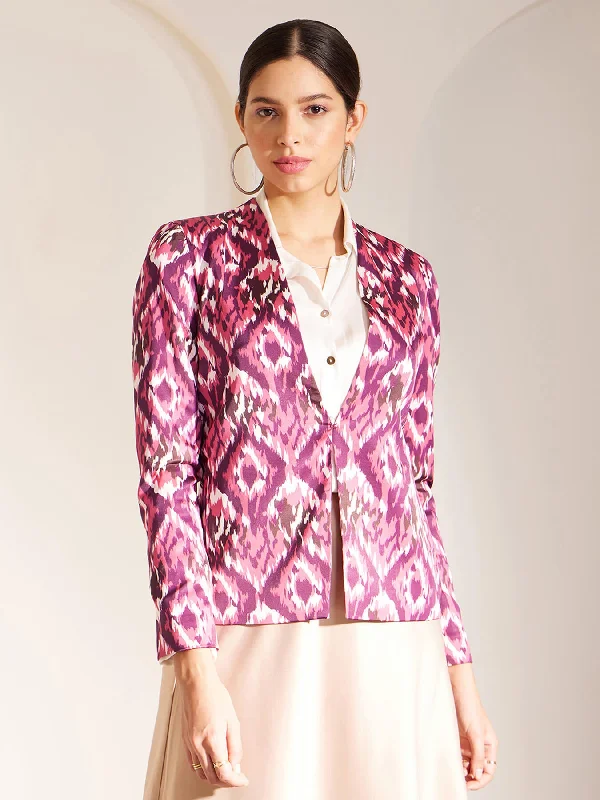 Trendy Traveler Satin Ikkat Print Jacket - Pink And Purple
