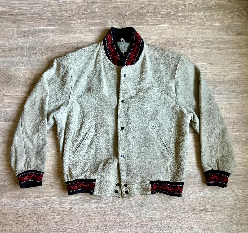 Elegant Comfort Large - Vintage 90s Pioneer Wear Gray Surde Leather / Aztec Western Rodeo Bomber Jacket