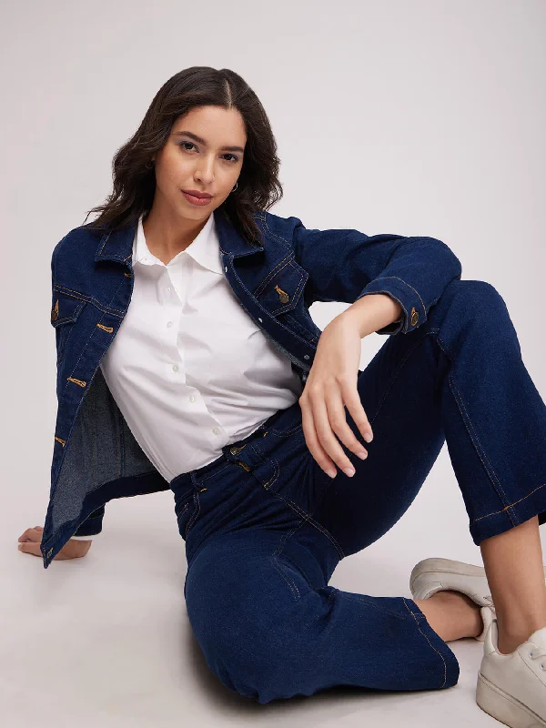 French Style Denim Short Jacket - Navy Blue