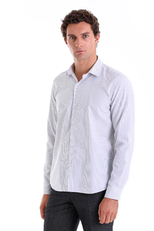 Lace Design Comfort Fit Striped Cotton Blend Gray Casual Shirt