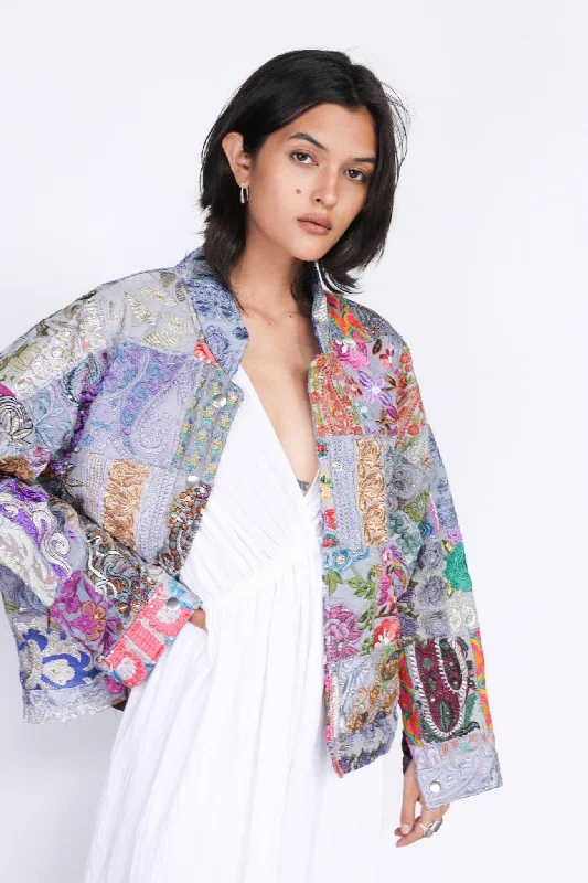 Elegant Outline Embroidered Patchwork Bomber Jacket Serena