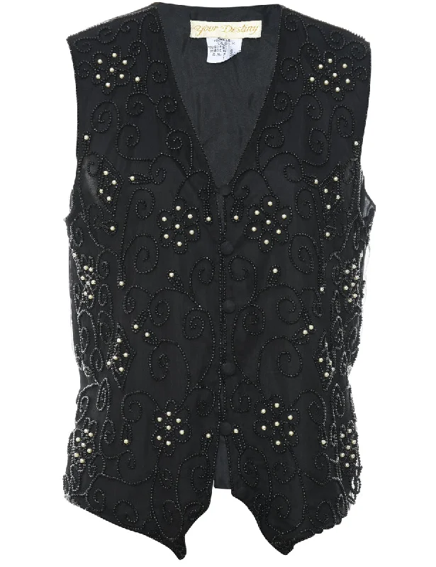 Fashion Concept Beaded Black 1990s Waistcoat - L