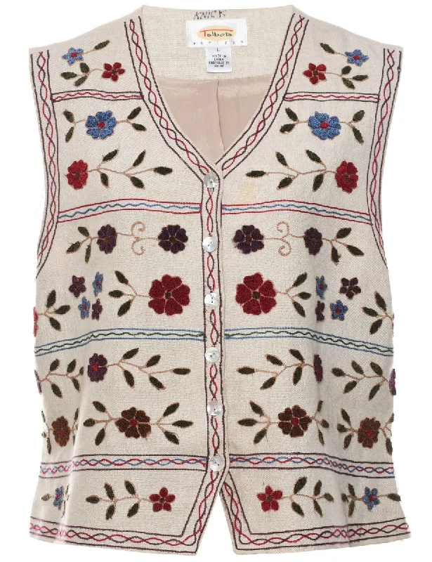 Design Trend Talbots Floral Pattern 1990s Embroidered Waistcoat - L