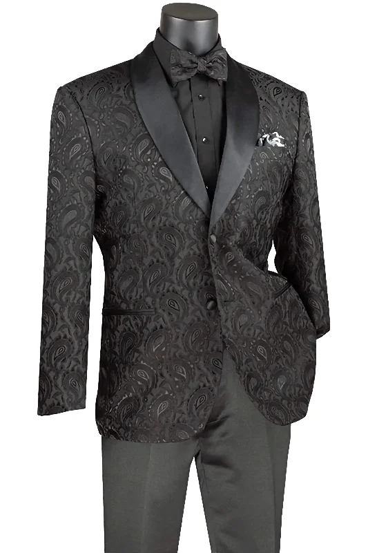 Modern Chic Black Modern Fit Paisley Pattern Jacquard Fabric Jacket with Bow Tie