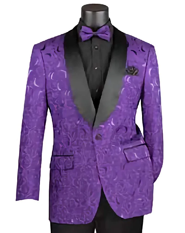 Exquisite Craftsmanship Purple Regular Fit Floral Pattern Jacket Shawl Lapel with bow tie