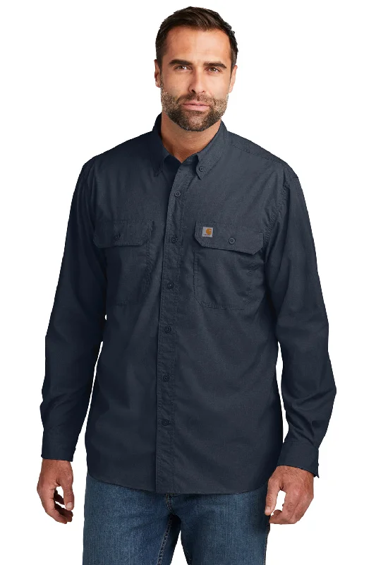 Classic And Versatile Carhartt Mens Force Moisture Wicking Long Sleeve Button Down Shirt w/ Double Pockets - Navy Blue
