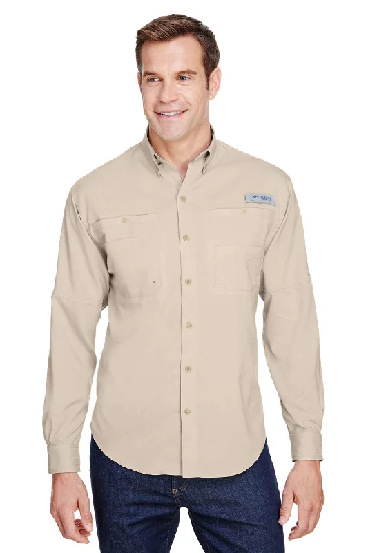Trendy Traveler Columbia Mens Tamiami II Moisture Wicking Long Sleeve Button Down Shirt w/ Double Pockets - Fossil