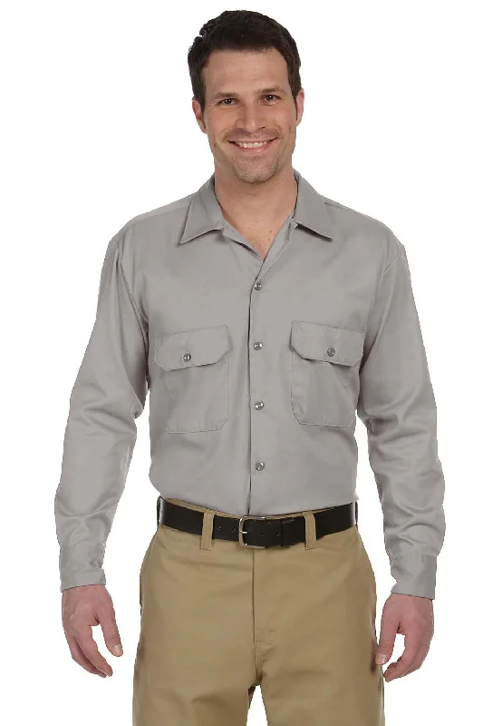 Easy Chic Wear Dickies Mens Moisture Wicking Long Sleeve Button Down Shirt w/ Double Pockets - Silver Grey