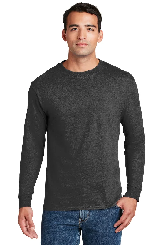 Loose Fit Hanes Mens Beefy-T Long Sleeve Crewneck T-Shirt - Heather Charcoal Grey