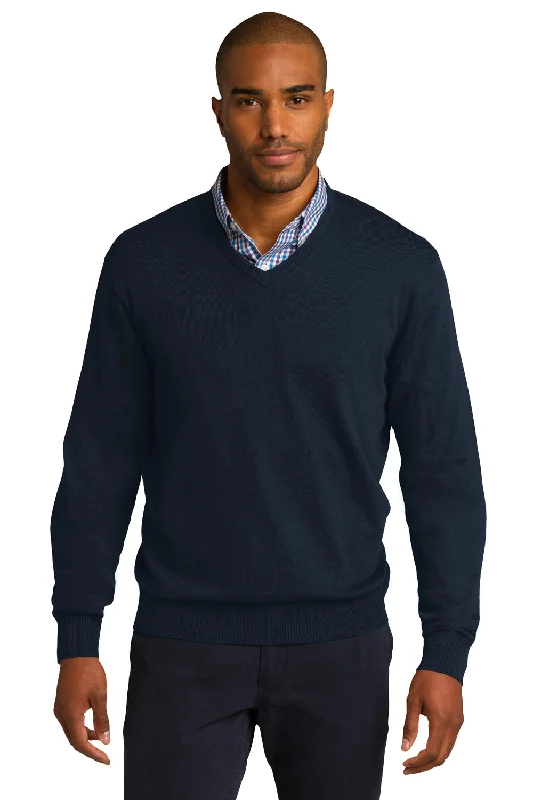 Knowledge And Elegance Port Authority Mens Long Sleeve V-Neck Sweater - Navy Blue