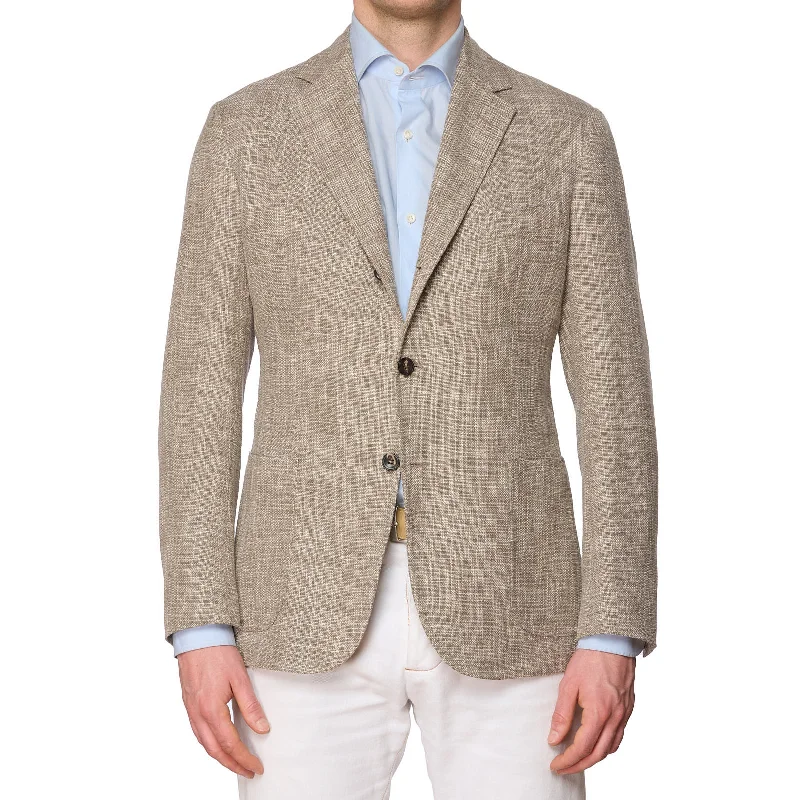 Casual Comfort Wear SARTORIO Brown Wool-Cotton-Silk-Linen Hopsack Half Lined Jacket EU 54 US 44 Slim