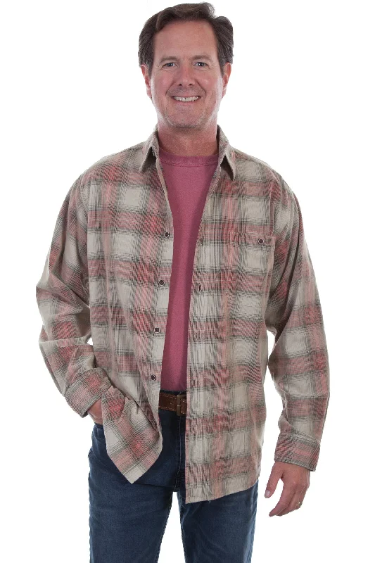 Double-sided Wear Scully Mens Stone/Red 100% Cotton Cord Plaid L/S Shirt