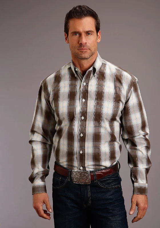 Low-key Luxury Stetson Mens Brown/Aqua 100% Cotton Ombre L/S 1 Pkt Shirt