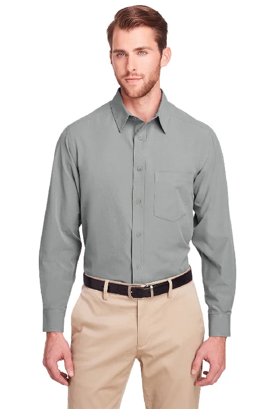 Soft Comfort Wear UltraClub Mens Bradley Performance Moisture Wicking Long Sleeve Button Down Shirt w/ Pocket - Silver Grey
