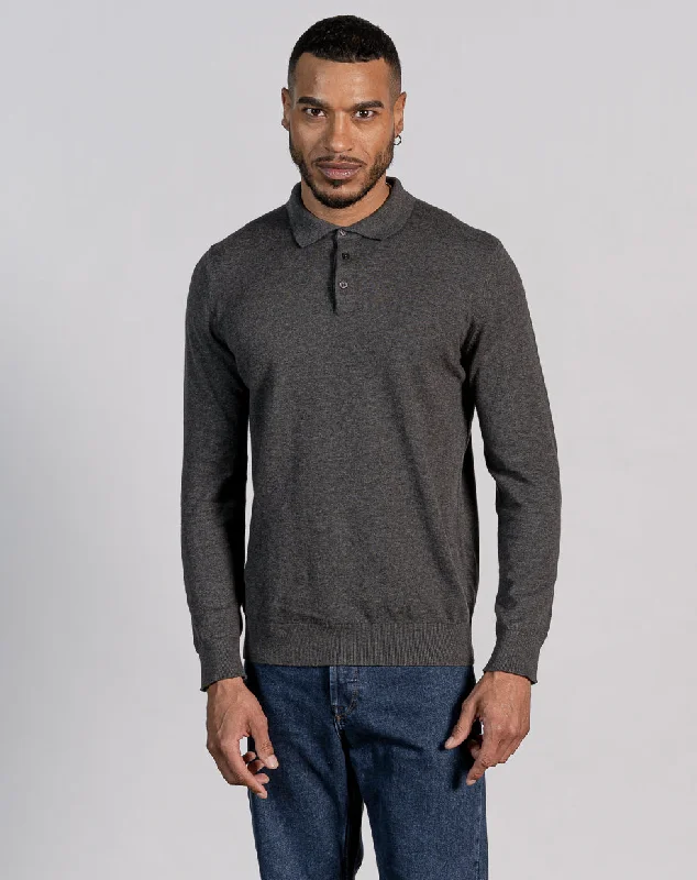 French Style ESSENTIAL LONG SLEEVE BUTTON KNITTED POLO - CHARCOAL MARL