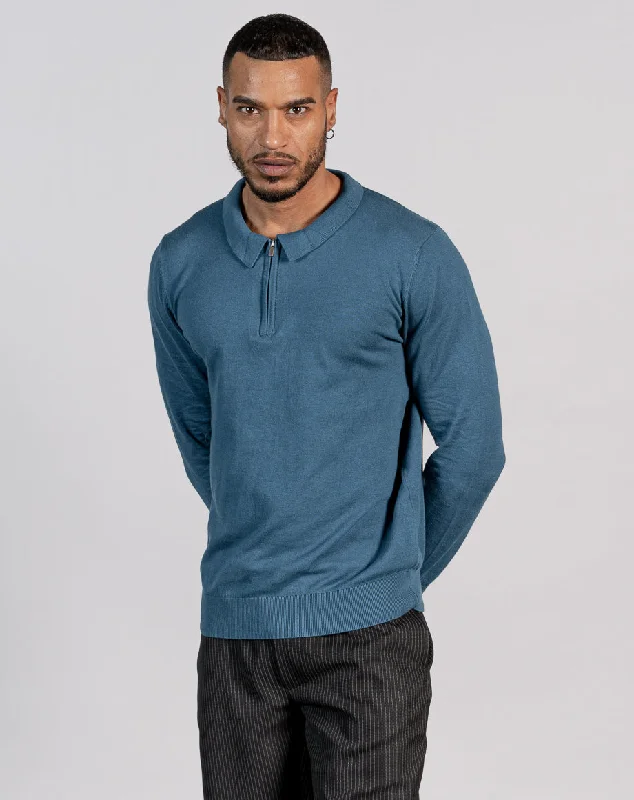 Classic ESSENTIAL LONG SLEEVE ZIPPED POLO TOP - MID BLUE